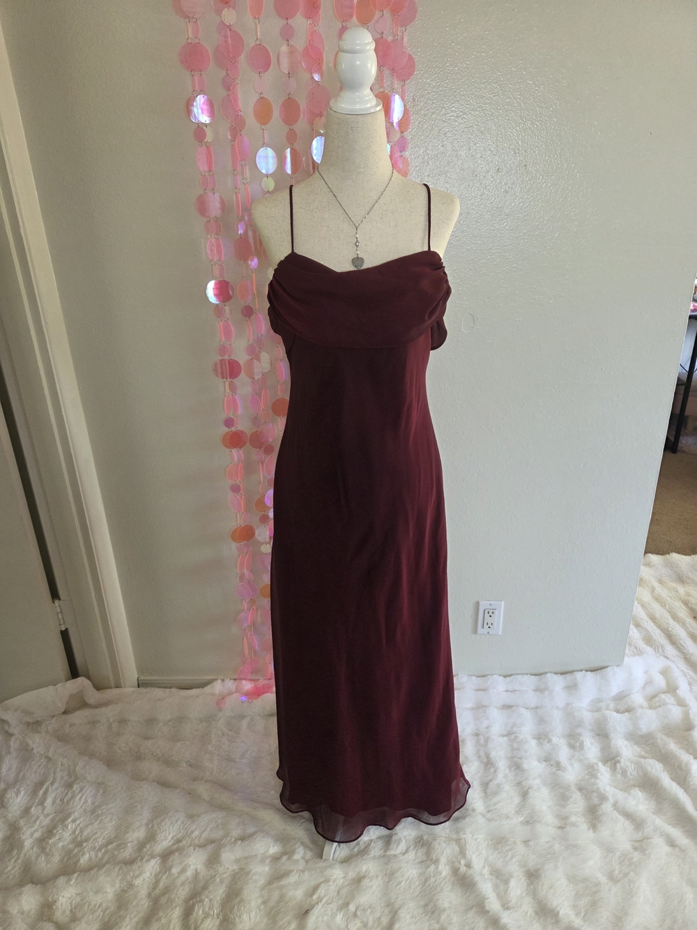 Betsy & Adam Burgundy Cowl-Neck Spaghetti Strap Maxi Gown